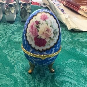 Vintage Gilded Ceramic Egg Trinket Box -  Floral Decorative Egg with Gold Trim